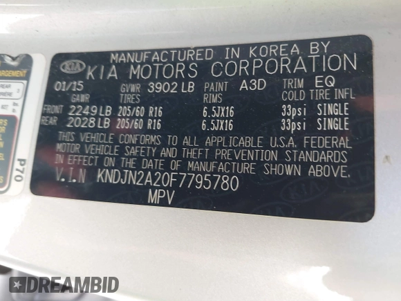 2015 Kia Soul with VIN KNDJN2A20F7795780, listed as a IAAI auction lot 39879289 with 120,531 mi miles. Bid and sale history available at carsss.com. Image 9.