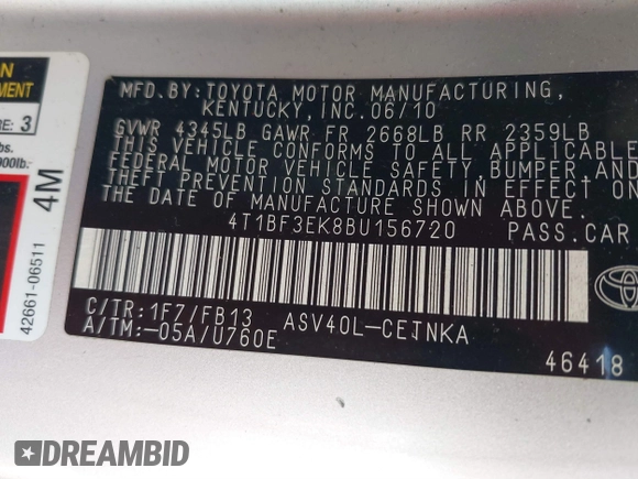 2011 Toyota Camry LE with VIN 4T1BF3EK8BU156720, listed as a IAAI auction lot 39464949 with 200,874 mi miles and . Bid and sale history available at DreamBid. Image 9.