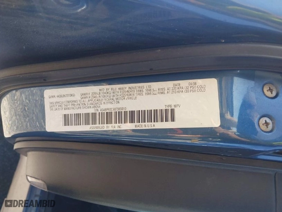 2008 Subaru Outback (Natl) with VIN 4S4BP60C987365910, listed as a IAAI auction lot 41891515 with 105,369 mi miles. Bid and sale history available at carsss.com. Image 9.