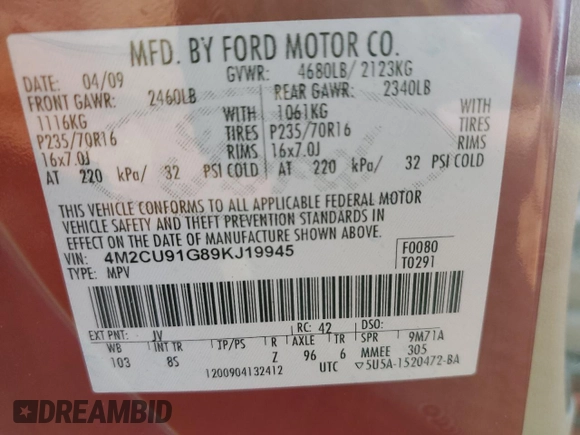 2009 Mercury Mariner с VIN 4M2CU91G89KJ19945, выставлен на аукционе Copart как лот 81745154 с пробегом 128 618 миль миль и Списание • Salvage title. История ставок и продаж доступна на DreamBid. Изображение 15.