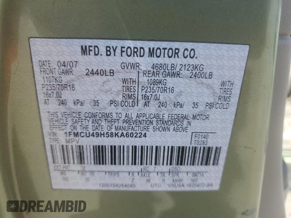 2008 Ford Escape Hybrid with VIN 1FMCU49H58KA60224, listed as a Copart auction lot 63947565 with 162,455 mi miles and Clean title. Bid and sale history available at DreamBid. Image 13.