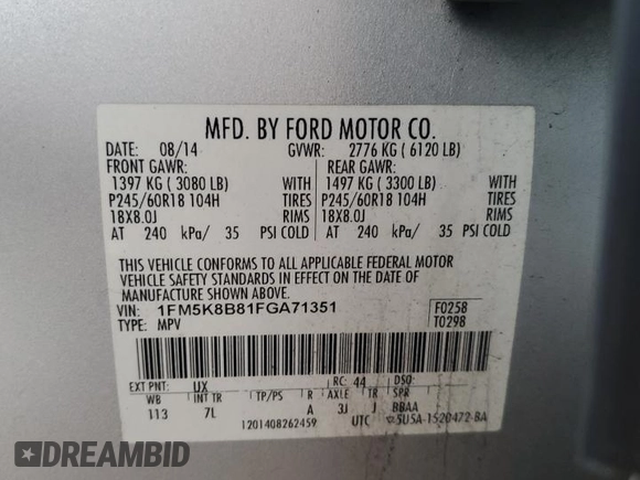 2015 Ford Explorer с VIN 1FM5K8B81FGA71351, выставлен на аукционе Copart как лот 57458855 с пробегом 126 093 миль миль и Списание • Salvage title. История ставок и продаж доступна на DreamBid. Изображение 13.