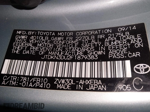 2015 Toyota Prius Four with VIN JTDKN3DU2F1879383, listed as a IAAI auction lot 41447300 with 60,213 mi miles. Bid and sale history available at carsss.com. Image 9.