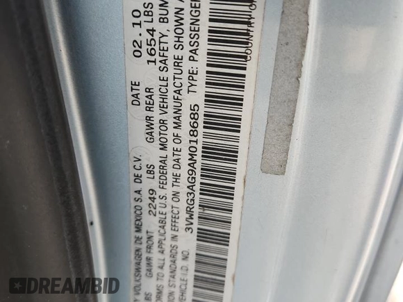 2010 Volkswagen Beetle with VIN 3VWRG3AG9AM018685, listed as a Copart auction lot 64543775 with 103,537 mi miles and Salvage title. Bid and sale history available at DreamBid. Image 12.