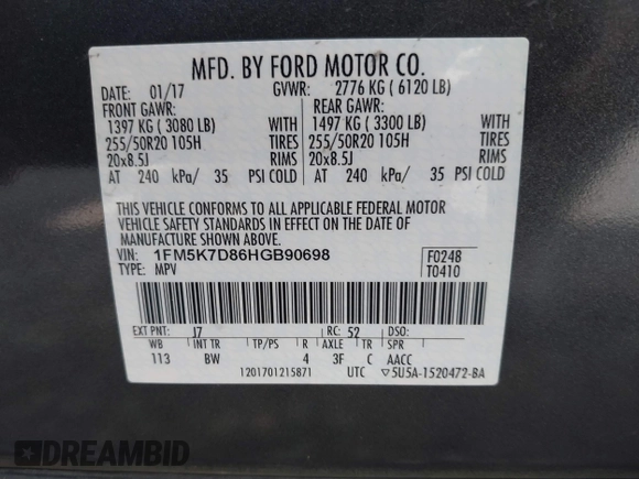 2017 Ford Explorer XLT with VIN 1FM5K7D86HGB90698, listed as a IAAI auction lot 42526802 with 124,640 mi miles and . Bid and sale history available at DreamBid. Image 9.