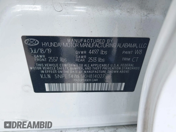 2019 Hyundai Sonata SEL with VIN 5NPE34AF5KH814027, listed as a IAAI auction lot 41787517 with 78,034 mi miles and . Bid and sale history available at DreamBid. Image 9.