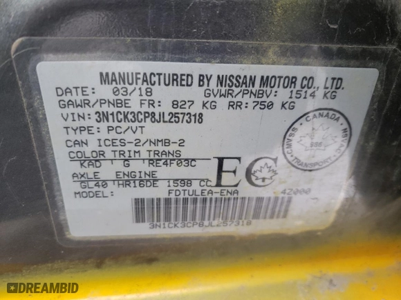 2018 Nissan Micra S with VIN 3N1CK3CP8JL257318, listed as a Copart auction lot 81937884 with NaN miles and Salvage Title. Bid and sale history available at carsss.com. Image 13.