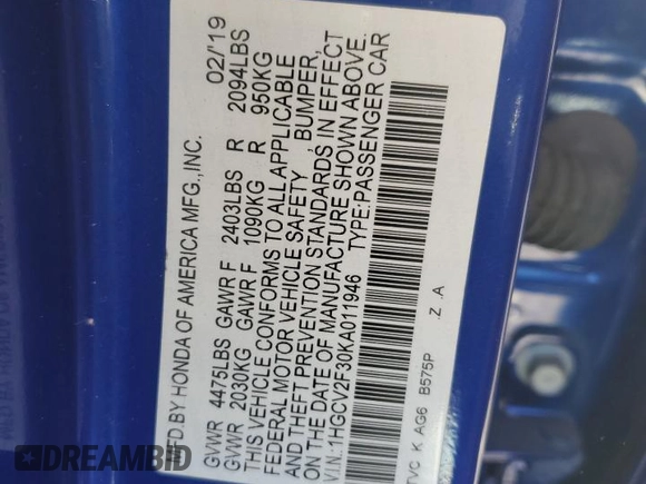 2019 Honda Accord Sport with VIN 1HGCV2F30KA011946, listed as a Copart auction lot 88006805 with 52,184 mi miles and Salvage title. Bid and sale history available at DreamBid. Image 12.