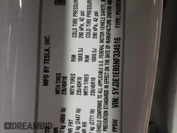 2022 Tesla Model 3 Long Range with VIN 5YJ3E1EB5NF334516, listed as a Copart auction lot 43247755 with 23,412 mi miles and Salvage Title. Bid and sale history available at DreamBid. Image 13.