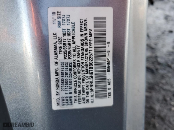 2011 Honda Odyssey EX-L with VIN 5FNRL5H67BB022571, listed as a Copart auction lot 50539685 with 130,672 mi miles and Salvage Title. Bid and sale history available at carsss.com. Image 13.