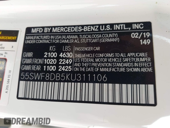 2019 Mercedes-Benz C 300 with VIN 55SWF8DB5KU311106, listed as a IAAI auction lot 42022680 with Not provided miles and . Bid and sale history available at DreamBid. Image 9.