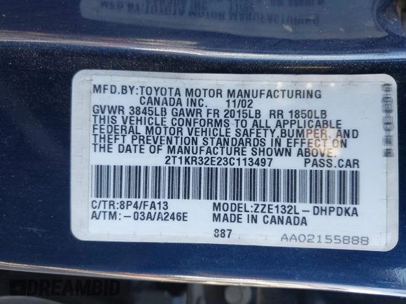 2003 Toyota Matrix Std with VIN 2T1KR32E23C113497, listed as a IAAI auction lot 41997340 with 187,061 mi miles and . Bid and sale history available at DreamBid. Image 9.