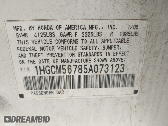 2005 Honda Accord EX with VIN 1HGCM56785A073123, listed as a IAAI auction lot 42272640 with 114,655 mi miles and . Bid and sale history available at DreamBid. Image 9.