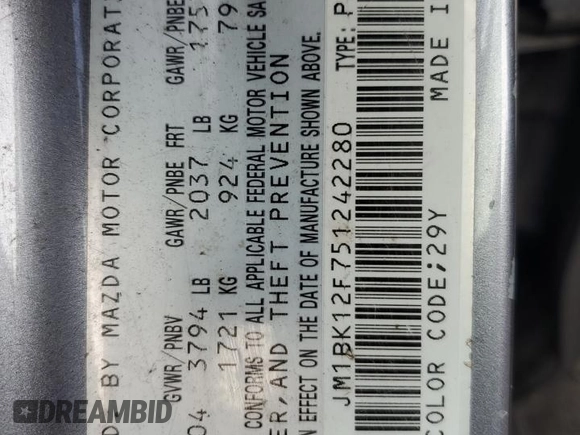2005 Mazda 3 i with VIN JM1BK12F751242280, listed as a Copart auction lot 84316214 with 222,131 mi miles and Salvage Title. Bid and sale history available at DreamBid. Image 12.