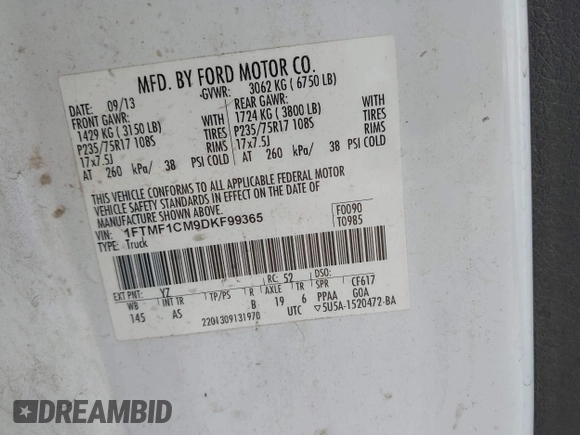 2013 Ford F-150 XL with VIN 1FTMF1CM9DKF99365, listed as a IAAI auction lot 41998026 with 269,585 mi miles and . Bid and sale history available at DreamBid. Image 9.