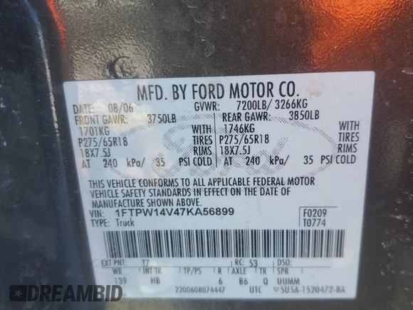 2007 Ford F-150 XLT with VIN 1FTPW14V47KA56899, listed as a Copart auction lot 46287255 with 180,447 mi miles and Salvage Title. Bid and sale history available at carsss.com. Image 12.