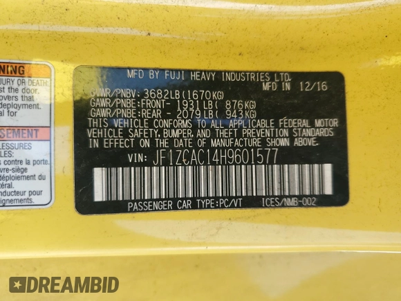 2017 Subaru BRZ Limited with VIN JF1ZCAC14H9601577, listed as a Copart auction lot 50270595 with 80,768 mi miles and Salvage title. Bid and sale history available at DreamBid. Image 12.