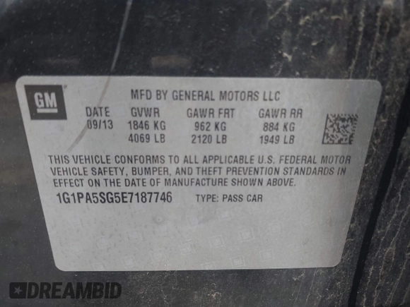 2014 Chevrolet Cruze LS with VIN 1G1PA5SG5E7187746, listed as a IAAI auction lot 41928039 with 98,633 mi miles and . Bid and sale history available at DreamBid. Image 9.