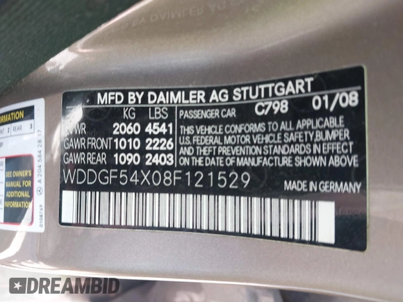 2008 Mercedes-Benz C 300 Sport with VIN WDDGF54X08F121529, listed as a IAAI auction lot 42417236 with 282,928 mi miles and . Bid and sale history available at DreamBid. Image 9.