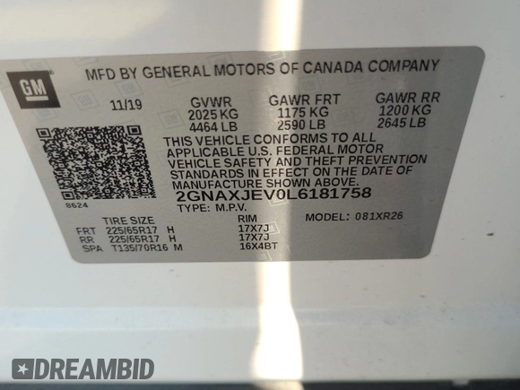 2020 Chevrolet Equinox LT with VIN 2GNAXJEV0L6181758, listed as a IAAI auction lot 42848993 with 35,916 mi miles and . Bid and sale history available at DreamBid. Image 2.