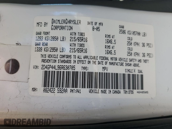 2006 Dodge Grand Caravan SXT z VIN 2D4GP44L96R630705, wystawiony jako Copart lot #55657705 z przebiegiem 243 020 mil mil oraz Szkoda całkowita • Salvage title. Historia ofert i sprzedaży dostępna na DreamBid. Obrazek 13.