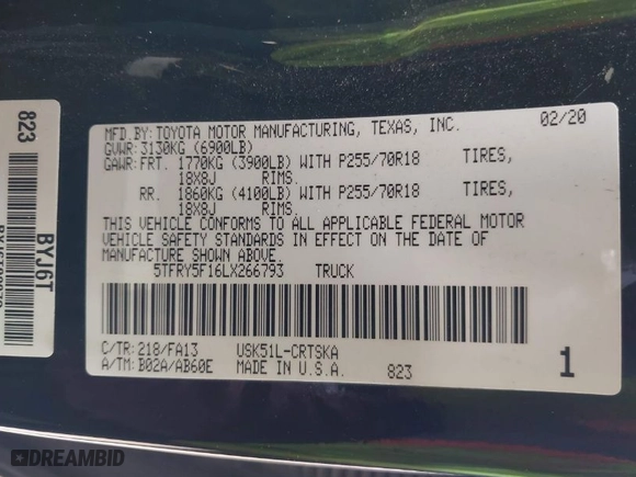 2020 Toyota Tundra 2WD Truck with VIN 5TFRY5F16LX266793, listed as a IAAI auction lot 41321991 with NaN miles. Bid and sale history available at carsss.com. Image 9.