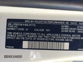2021 Polestar 2 Launch Edition z VIN LPSED3KA1ML017713, wystawiony jako IAAI lot #41554195 z przebiegiem 25 373 mil mil oraz . Historia ofert i sprzedaży dostępna na DreamBid. Obrazek 9.