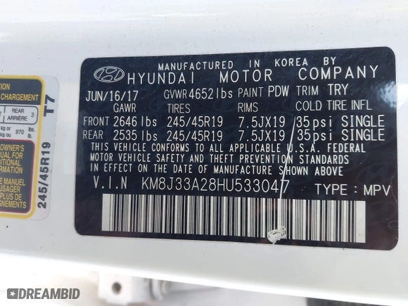 2017 Hyundai Tucson Value with VIN KM8J33A28HU533047, listed as a IAAI auction lot 41853087 with 74,238 mi miles. Bid and sale history available at carsss.com. Image 9.