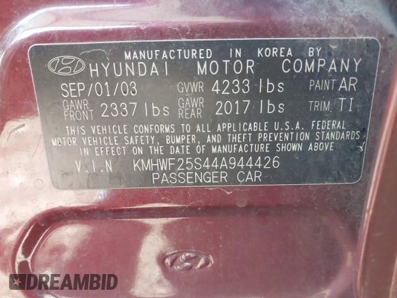 2004 Hyundai Sonata with VIN KMHWF25S44A944426, listed as a IAAI auction lot 41600969 with 1 mi miles. Bid and sale history available at carsss.com. Image 9.