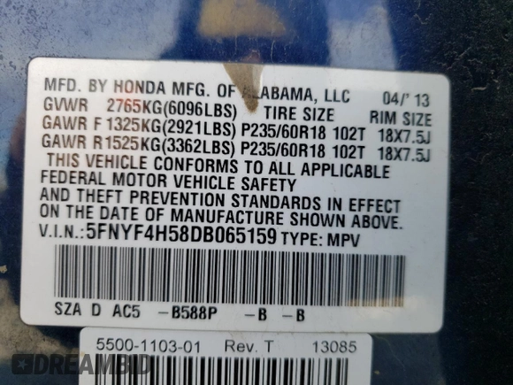 2013 Honda Pilot EX-L with VIN 5FNYF4H58DB065159, listed as a Copart auction lot 42547665 with 92,137 mi miles and Salvage Title. Bid and sale history available at DreamBid. Image 13.