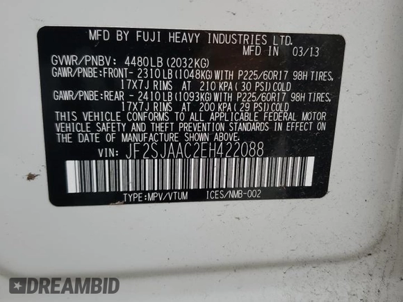 2014 Subaru Forester 2.5i with VIN JF2SJAAC2EH422088, listed as a Copart auction lot 54505045 with 133,592 mi miles and Salvage Title. Bid and sale history available at carsss.com. Image 13.