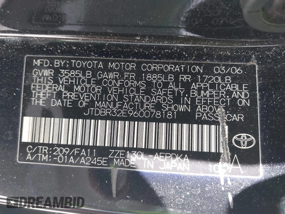 2006 Toyota Corolla CE with VIN JTDBR32E960078181, listed as a IAAI auction lot 42671183 with 166,146 mi miles and . Bid and sale history available at DreamBid. Image 9.