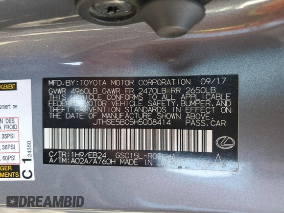2017 Lexus RC 350 with VIN JTHSE5BC5H5008414, listed as a Copart auction lot 53828685 with 110,943 mi miles and Salvage title. Bid and sale history available at DreamBid. Image 14.