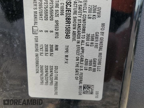 2011 Chevrolet Suburban LT with VIN 1GNSCJE03BR158949, listed as a Copart auction lot 86260394 with 197,012 mi miles and Salvage Title. Bid and sale history available at carsss.com. Image 13.