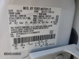 2012 Ford F-350 XL with VIN 1FT8W3DT3CEB66575, listed as a Copart auction lot 85498144 with 242,414 mi miles and Salvage Title. Bid and sale history available at DreamBid. Image 14.
