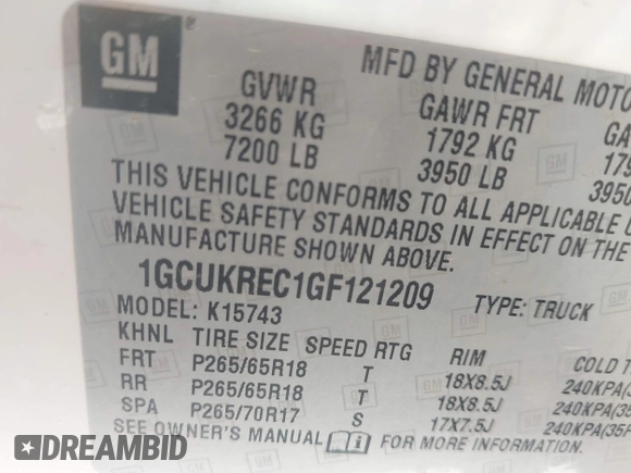 2016 Chevrolet Silverado 1500 LT with VIN 1GCUKREC1GF121209, listed as a IAAI auction lot 42024911 with 152,671 mi miles and . Bid and sale history available at DreamBid. Image 9.