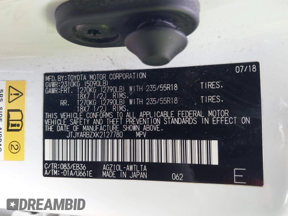 2019 Lexus NX with VIN JTJYARBZXK2127780, listed as a IAAI auction lot 41726002 with 157,916 mi miles. Bid and sale history available at carsss.com. Image 9.