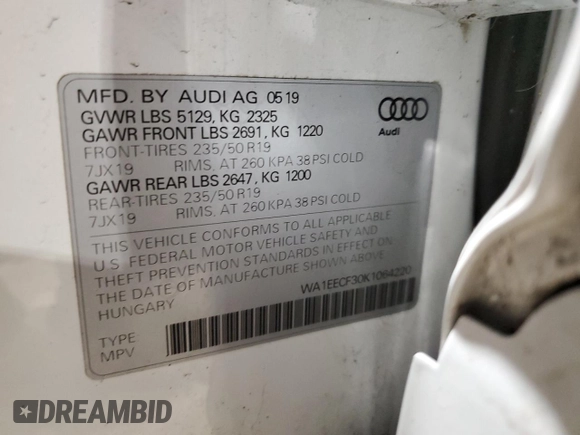 2019 Audi Q3 S line Premium Plus with VIN WA1EECF30K1064220, listed as a Copart auction lot 82536574 with 62,388 mi miles and Salvage Title. Bid and sale history available at carsss.com. Image 15.