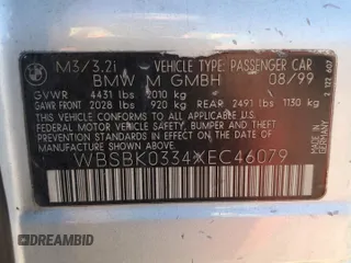 1999 BMW 3 Series M3 with VIN WBSBK0334XEC46079, listed as a Copart auction lot 83699524 with 92,297 mi miles and Salvage Title. Bid and sale history available at carsss.com. Image 14.
