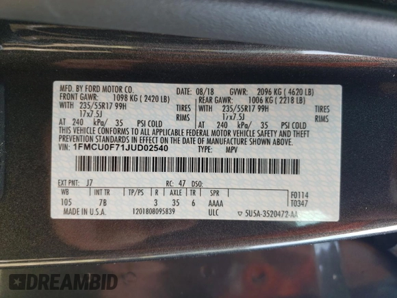 2018 Ford Escape S with VIN 1FMCU0F71JUD02540, listed as a Copart auction lot 54337495 with 102,619 mi miles and Salvage title. Bid and sale history available at DreamBid. Image 13.