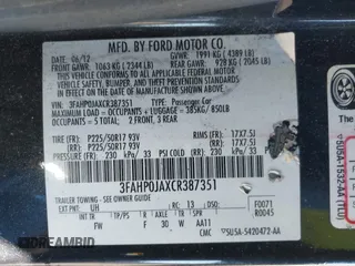 2012 Ford Fusion SEL with VIN 3FAHP0JAXCR387351, listed as a IAAI auction lot 41865873 with 158,521 mi miles. Bid and sale history available at carsss.com. Image 9.