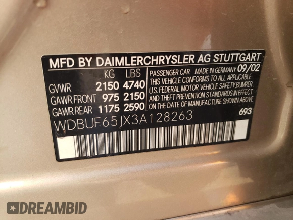 2003 Mercedes-Benz E 320 z VIN WDBUF65JX3A128263, wystawiony jako Copart lot #87302304 z przebiegiem 135 367 mil mil oraz Szkoda całkowita • Salvage title. Historia ofert i sprzedaży dostępna na DreamBid. Obrazek 12.