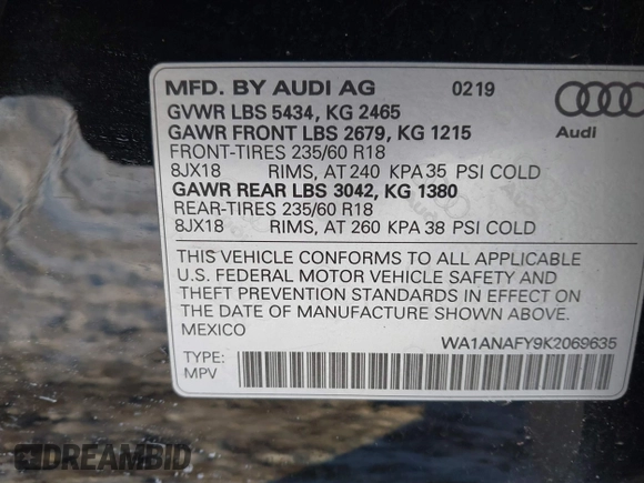 2019 Audi Q5 Premium with VIN WA1ANAFY9K2069635, listed as a IAAI auction lot 41252649 with 91,199 mi miles. Bid and sale history available at carsss.com. Image 9.