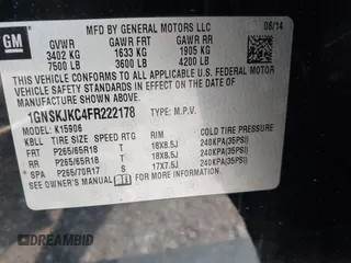 2015 Chevrolet Suburban LT with VIN 1GNSKJKC4FR222178, listed as a IAAI auction lot 42423080 with 234,870 mi miles and . Bid and sale history available at DreamBid. Image 9.