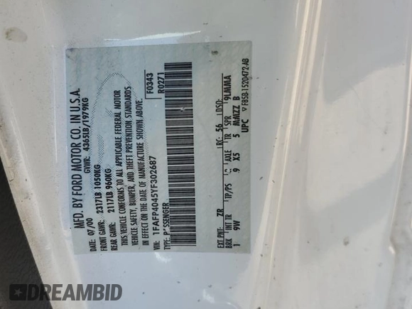 2000 Ford Mustang z VIN 1FAFP4045YF302687, wystawiony jako Copart lot #58044485 z przebiegiem 191 961 mil mil oraz Szkoda całkowita • Salvage title. Historia ofert i sprzedaży dostępna na DreamBid. Obrazek 12.