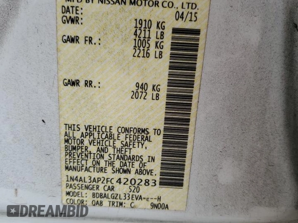 2015 Nissan Altima S with VIN 1N4AL3AP2FC420283, listed as a Copart auction lot 53757145 with 154,075 mi miles and Salvage Title. Bid and sale history available at carsss.com. Image 13.