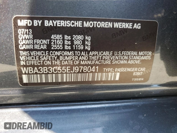 2014 BMW 3 Series 328i xDrive with VIN WBA3B3C55EJ978041, listed as a Copart auction lot 55675745 with 116,867 mi miles and Salvage title. Bid and sale history available at DreamBid. Image 12.