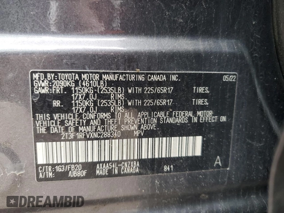 2022 Toyota RAV4 LE with VIN 2T3F1RFVXNC288340, listed as a Copart auction lot 46491755 with 108,508 mi miles and Non Repairable. Bid and sale history available at carsss.com. Image 14.