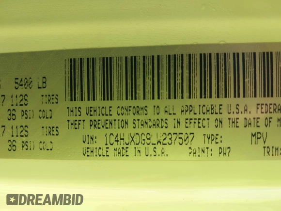 2020 Jeep Wrangler Unlimited Sport S with VIN 1C4HJXDG9LW237507, listed as a IAAI auction lot 42377928 with 48,217 mi miles and . Bid and sale history available at DreamBid. Image 9.