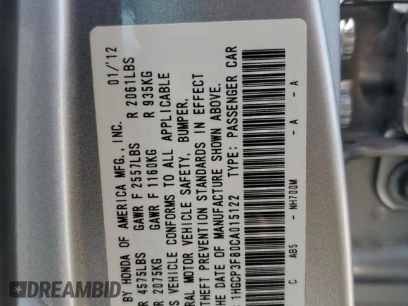 2012 Honda Accord EX-L z VIN 1HGCP3F80CA015122, wystawiony jako Copart lot #58347255 z przebiegiem 146 070 mil mil oraz Szkoda całkowita • Salvage title. Historia ofert i sprzedaży dostępna na DreamBid. Obrazek 12.